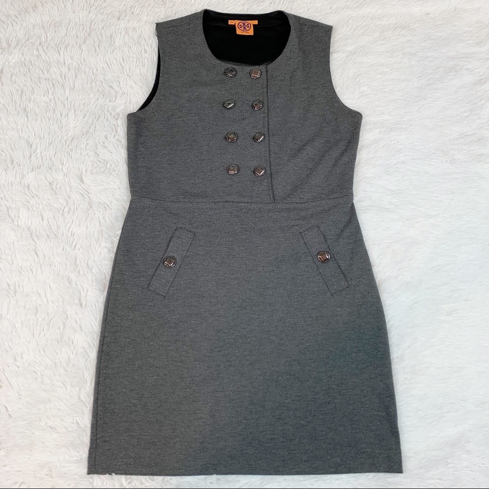 Tory Burch double‎ breasted mini dress sleeveless crew neck in gray pockets